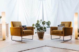 a living room with two chairs and a plant